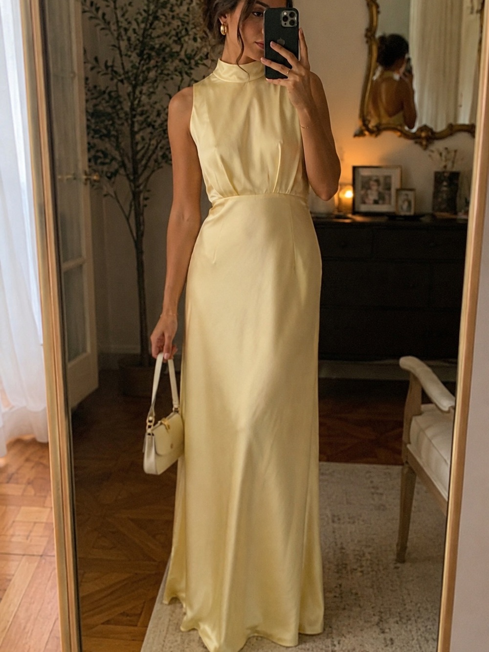 JJ’s House Satin Maxi Dress Daffodil butter Yellow Mock Neck Formal Gown NWT